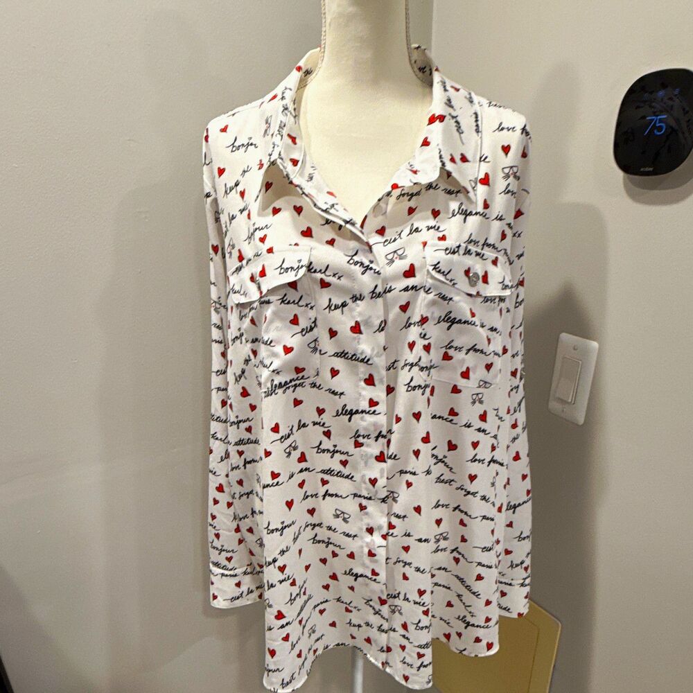 Karl Lagerfeld Paris White Heart Print Button-Down Collared Blouse 2X